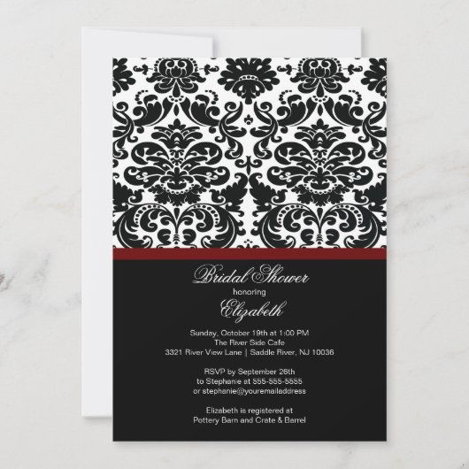 Damask Merlot Wine Red Bridal Shower Invitation Kaart (Voorkant)