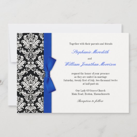 Damask met Blue Bow Wedding Invitation Kaart (Voorkant)