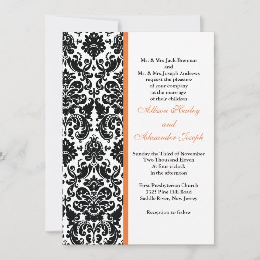 Damask met Coral Roos accent Wedding Invitation Kaart (Voorkant)