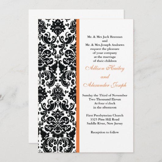 Damask met Coral Roos accent Wedding Invitation Kaart (Voorkant / Achterkant)