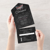 Damask met Dragonfly Quinceañera All In One Uitnodiging (Afscheurbaar)