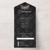 Damask met Dragonfly Quinceañera All In One Uitnodiging (Binnen)