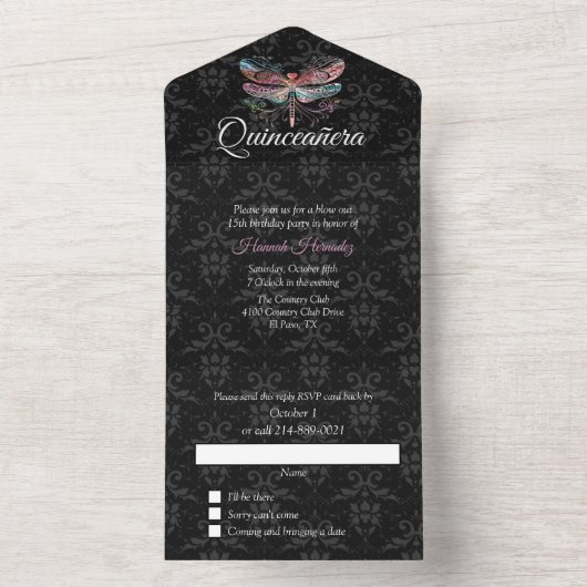 Damask met Dragonfly Quinceañera All In One Uitnodiging (Binnen)