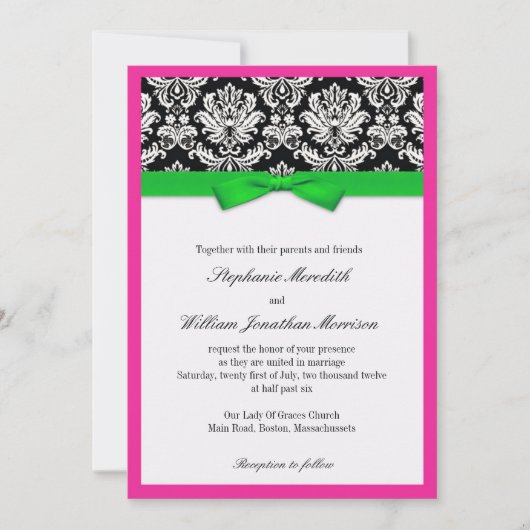 Damask met Green and Pink Wedding Invitation Kaart (Voorkant)