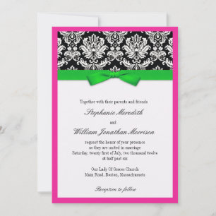 Damask met Green and Pink Wedding Invitation Kaart