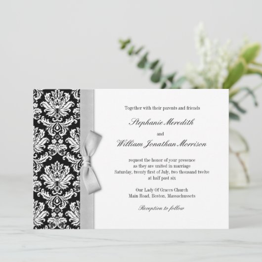 Damask met Grey Silver Bow Weddenschap Kaart (Staand voorkant)