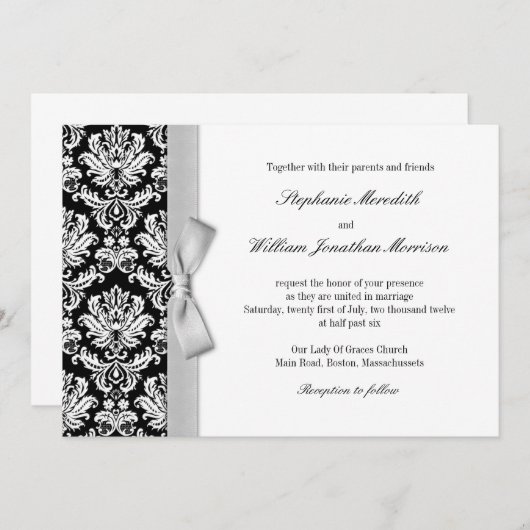 Damask met Grey Silver Bow Weddenschap Kaart (Voorkant / Achterkant)