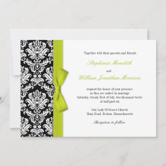 Damask met Limoen Bow Wedding Invitation Kaart (Voorkant)