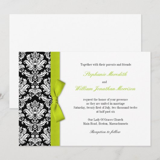 Damask met Limoen Bow Wedding Invitation Kaart (Voorkant / Achterkant)