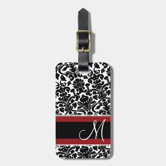  Damask met Monogram Red Black White Bagagelabel (Voorkant verticaal)