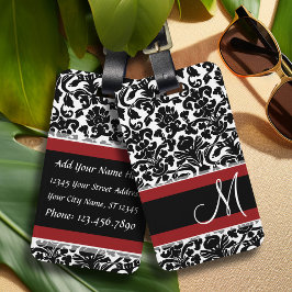 Damask met Monogram Red Black White Bagagelabel