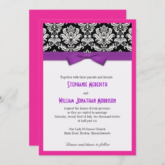 Damask met Paarse boog en roze bruiloft uitnodigin Kaart (Voorkant / Achterkant)