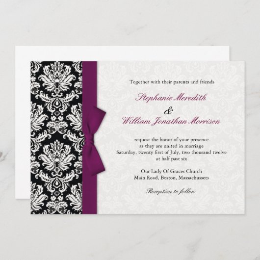 Damask met Plum Bow Wedding Invitation Kaart (Voorkant / Achterkant)