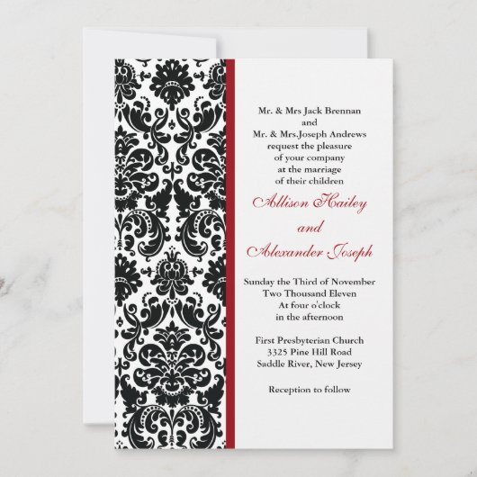 Damask met rood accent Wedding Invitation Kaart (Voorkant)