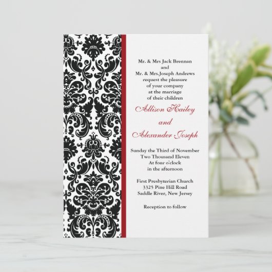 Damask met rood accent Wedding Invitation Kaart (Staand voorkant)