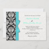 Damask met Turquoise Bow Wedding Invitation Kaart (Voorkant)