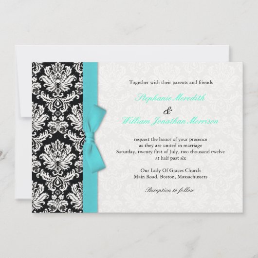 Damask met Turquoise Bow Wedding Invitation Kaart (Voorkant)