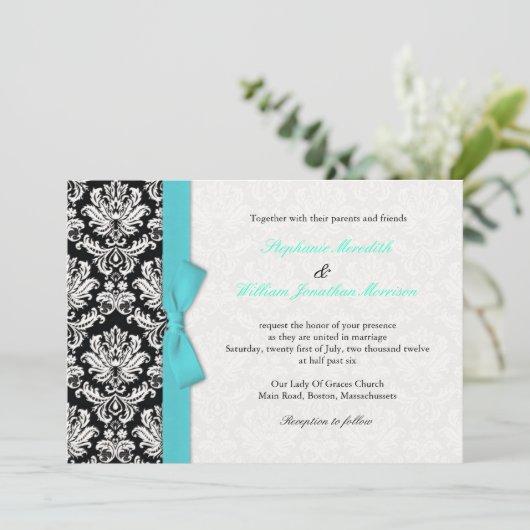 Damask met Turquoise Bow Wedding Invitation Kaart (Staand voorkant)