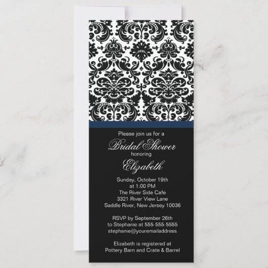 Damask Midnight Blue Bridal Shower Invitation Kaart (Voorkant)