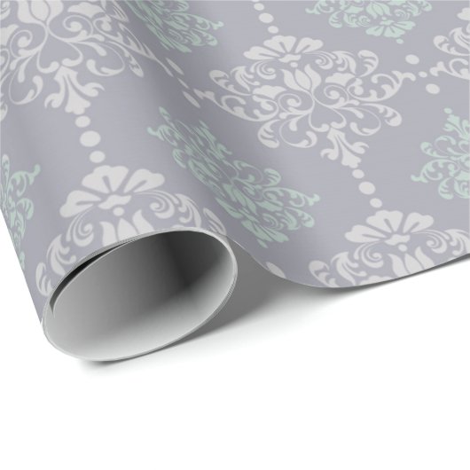 Damask Mint Green Pastel Grey Gray Delicate Cadeaupapier (Rol Hoek)