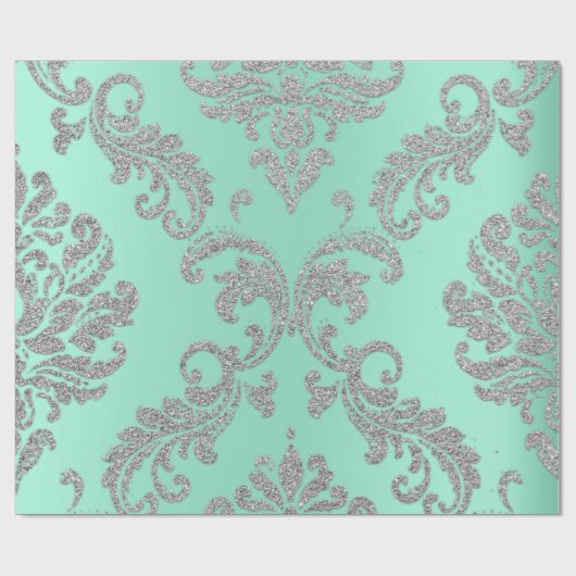 Damask Mint Green Royal Metallic Silver Glitter Cadeaupapier (Vlak)