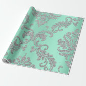 Damask Mint Green Royal Metallic Silver Glitter Cadeaupapier (Uitgerold)
