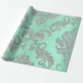 Damask Mint Green Royal Metallic Silver Glitter Cadeaupapier