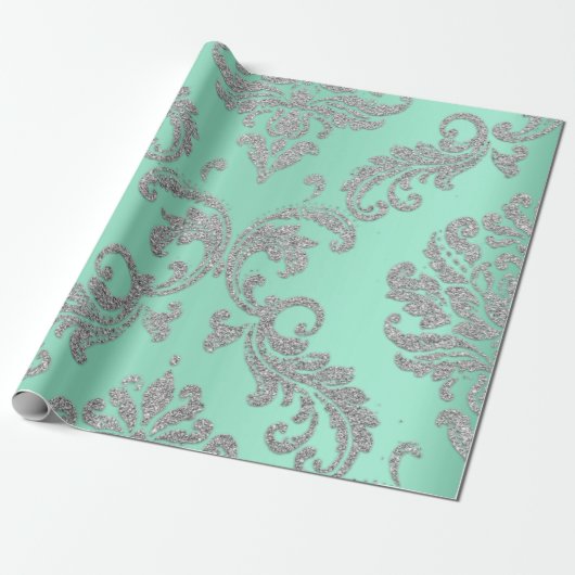 Damask Mint Green Royal Metallic Silver Glitter Cadeaupapier (Uitgerold)