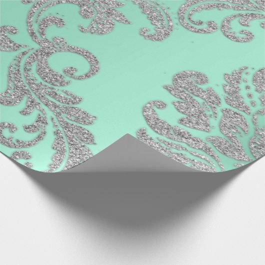Damask Mint Green Royal Metallic Silver Glitter Cadeaupapier (Hoek)