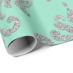 Damask Mint Green Royal Metallic Silver Glitter Cadeaupapier