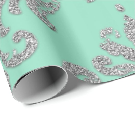 Damask Mint Green Royal Metallic Silver Glitter Cadeaupapier (Rol Hoek)