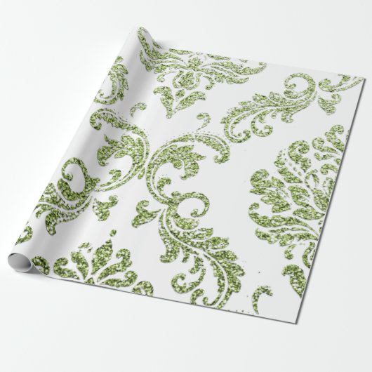 Damask Mint Green Royal Metallic White Glitter Cadeaupapier (Uitgerold)