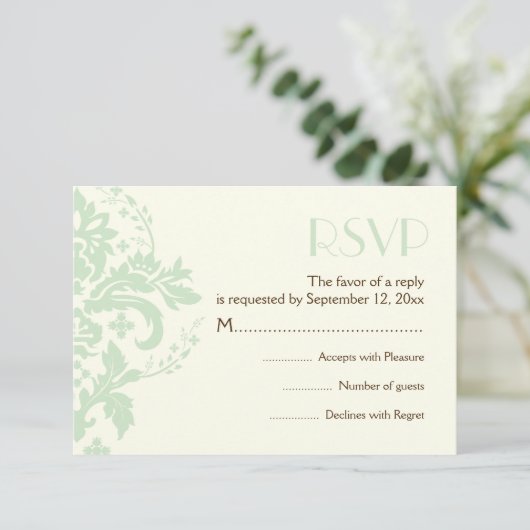 Damask mint groen, ivoor bruiloft RSVP antwoordkaa (Staand voorkant)