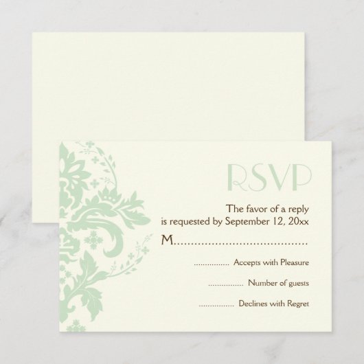 Damask mint groen, ivoor bruiloft RSVP antwoordkaa (Voorkant / Achterkant)