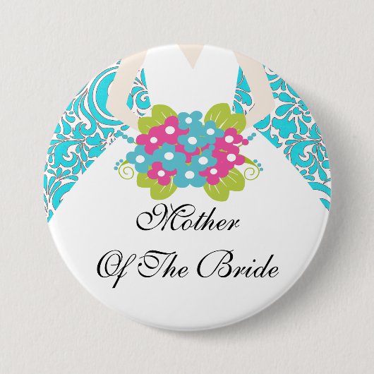 Damask Moeder van de Bride Button / Pin Turquoise (Voorkant)
