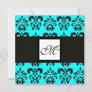 DAMASK MONOGRAAM, zwart en wit, blauw turkoois Kaart