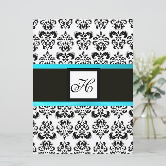 DAMASK MONOGRAAM,zwart en wit,blauw turquoise Kaart (Staand voorkant)