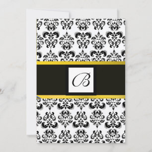 DAMASK MONOGRAAM, zwart en wit, geel Kaart