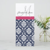 Damask Monogram Blue Pink Cream Wedding Invitation Kaart (Staand voorkant)