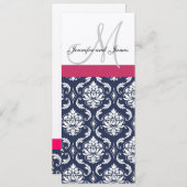 Damask Monogram Blue Pink Cream Wedding Invitation Kaart (Voorkant / Achterkant)