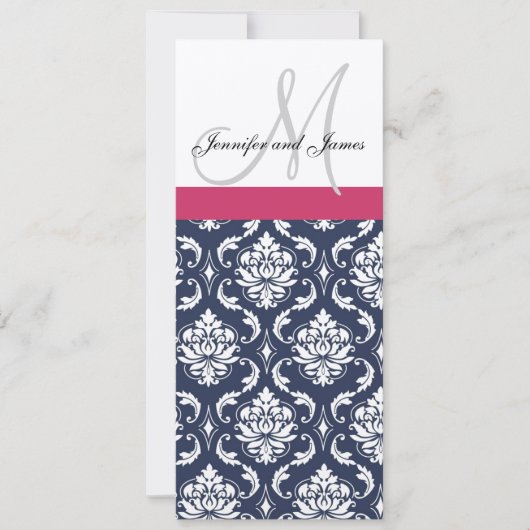 Damask Monogram Blue Pink Cream Wedding Invitation Kaart (Voorkant)