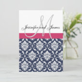 Damask Monogram Blue Pink White Wedding Invitation Kaart (Staand voorkant)