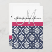 Damask Monogram Blue Pink White Wedding Invitation Kaart (Voorkant / Achterkant)