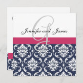 Damask Monogram Blue Pink White Wedding Invitation Kaart (Voorkant / Achterkant)