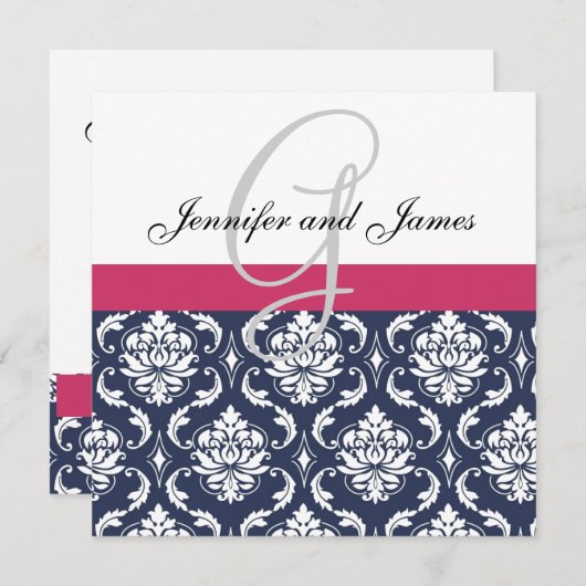 Damask Monogram Blue Pink White Wedding Invitation Kaart (Voorkant / Achterkant)