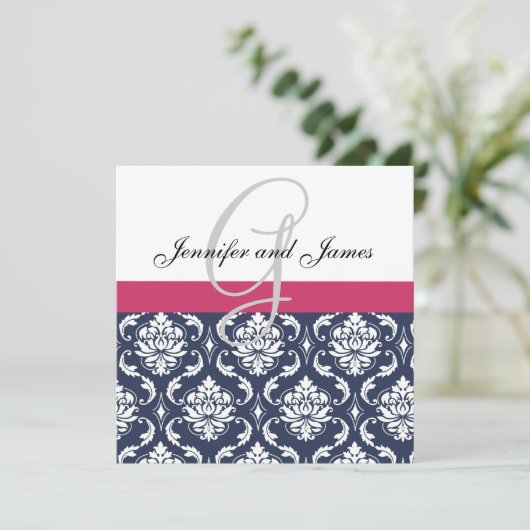 Damask Monogram Blue Pink White Wedding Invitation Kaart (Staand voorkant)