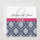 Damask Monogram Blue Pink White Wedding Invitation Kaart (Voorkant)
