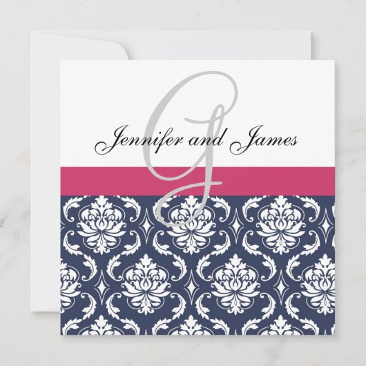 Damask Monogram Blue Pink White Wedding Invitation Kaart (Voorkant)