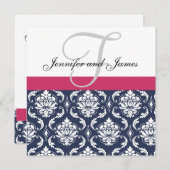 Damask Monogram Blue Pink White Wedding Invitation Kaart (Voorkant / Achterkant)