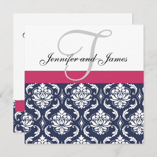 Damask Monogram Blue Pink White Wedding Invitation Kaart (Voorkant / Achterkant)
